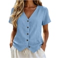 thumbnail image 3 of Ashirexll Short Sleeve Shirts for Women Spring and Summer Color and Linen V-Neck Short Sleeve Button Cardigan Top, 3 of 6