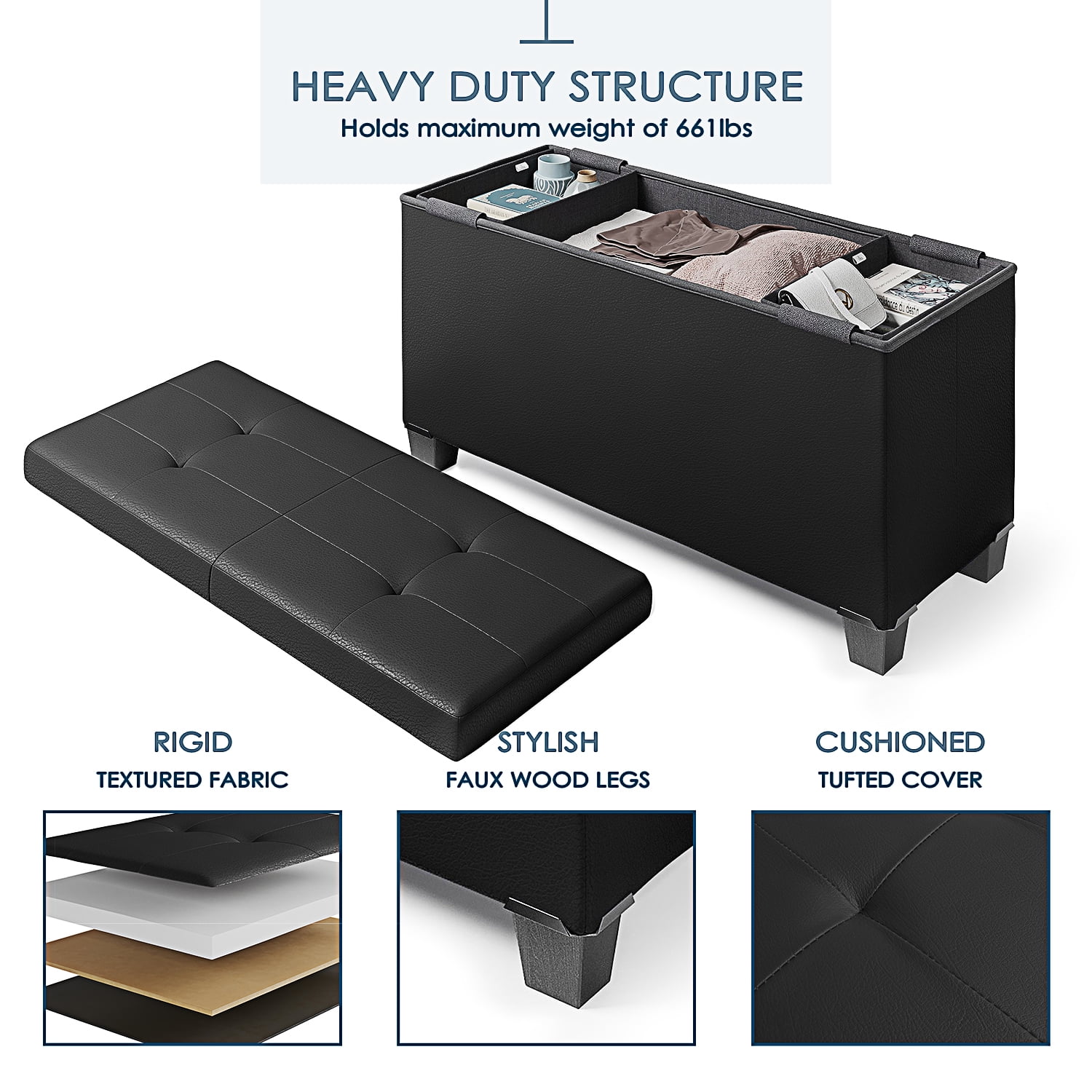 Nestl Faux Leather Ottoman Storage Bench ,30" Bench, Black