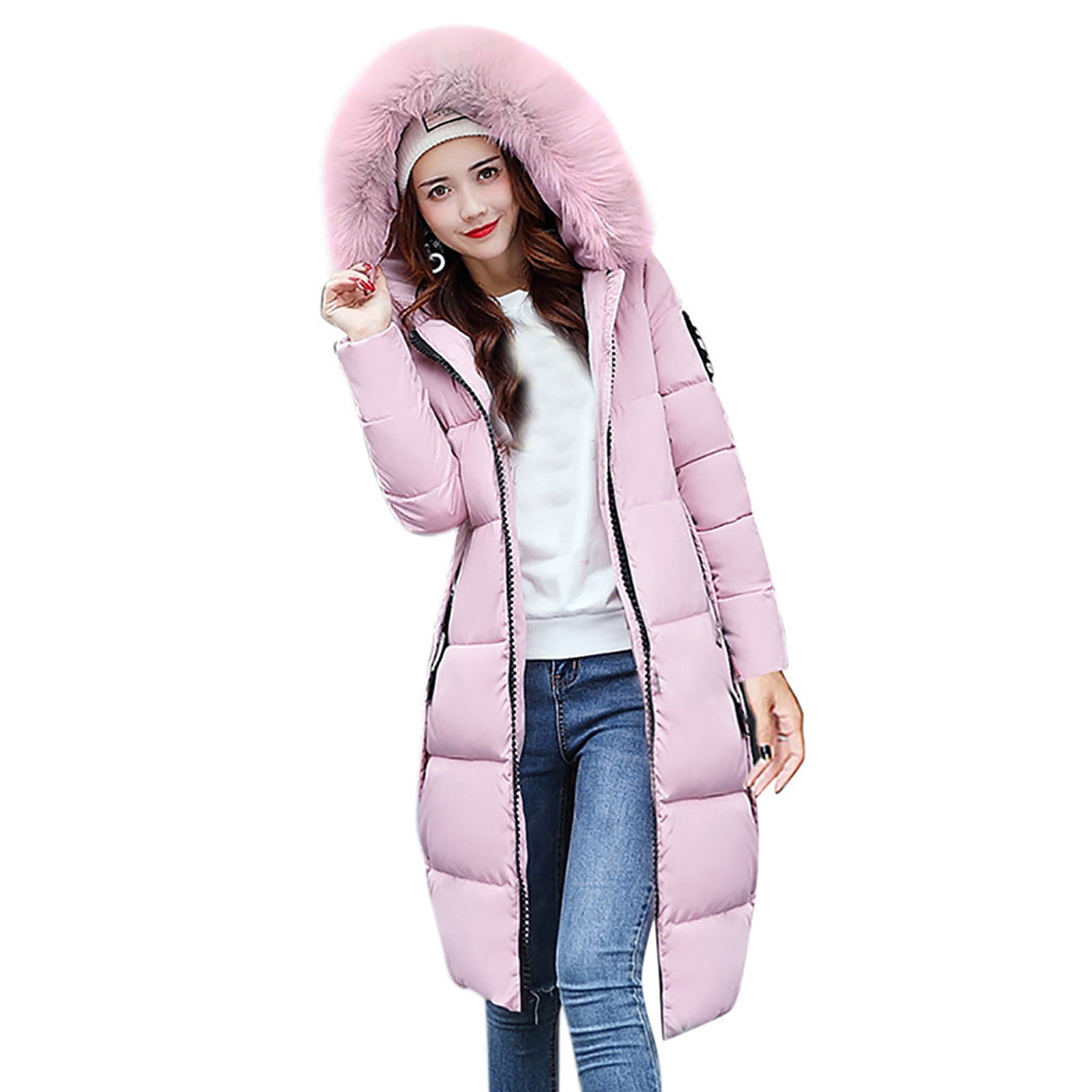 Super Warm Winter Coats for Women Faux Fur Trim Hooded Long Length Parka  Full Zip Up Padded Jackets Outerwear