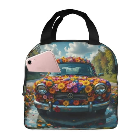 Insulated Lunch Bag for Women Men - Flower Covered Vintage Car Leakproof Cooler Lunch Box for Women Men  Lunch Tote Bags for Work School Picnic Travel