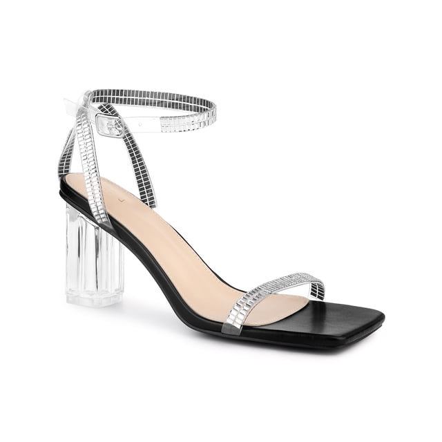 BLISSFUL STEP Square Toe Rhinestone Strap Clear Heel Block Heels Sandals for Women Black (Size 10)