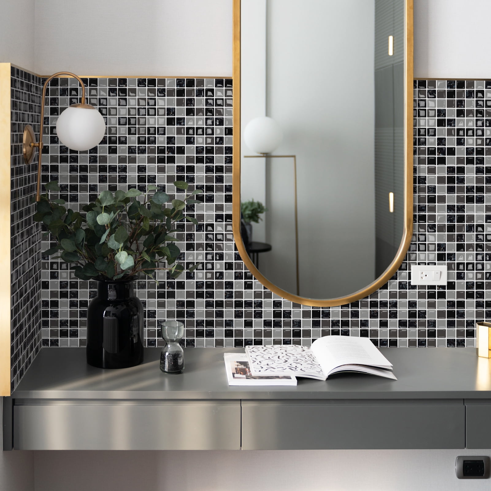 DEWOO 10 Sheet Thicker Mosaic Peel and Stick Backsplash Tile Removable Self Adhesive Wall Tiles for Bathroom Kitchen Counter (12"×12",Grey)