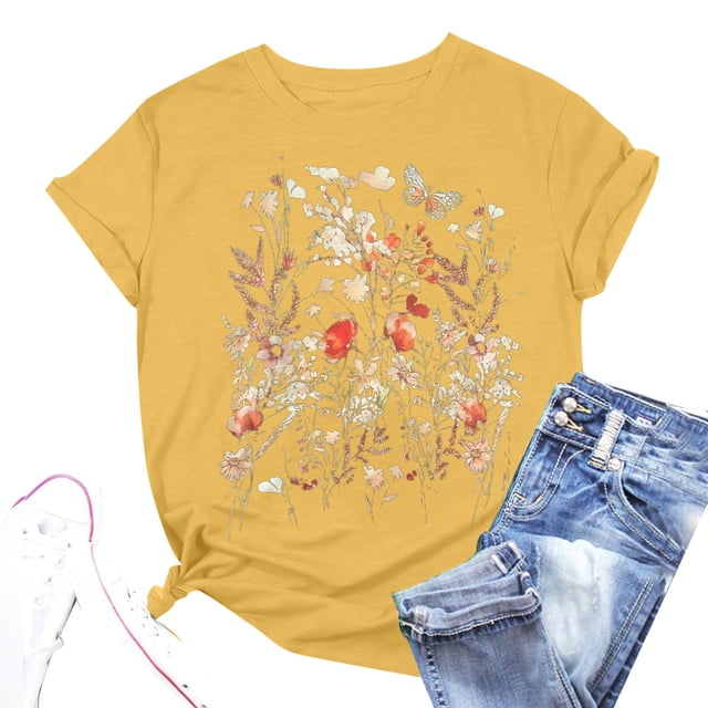 T-Shirt à Manches Courtes Imprimé Floral pour Femmes, Col Rond, Manches Longues Épaisses, T-Shirt Décontracté pour Femmes