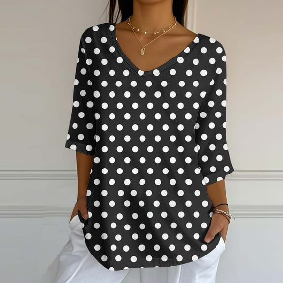 Dasayo 3/4 Sleeve Tops for Women Trendy Black Loose Fit V-Neck Polka Dot Blouses Womens T Shirts L