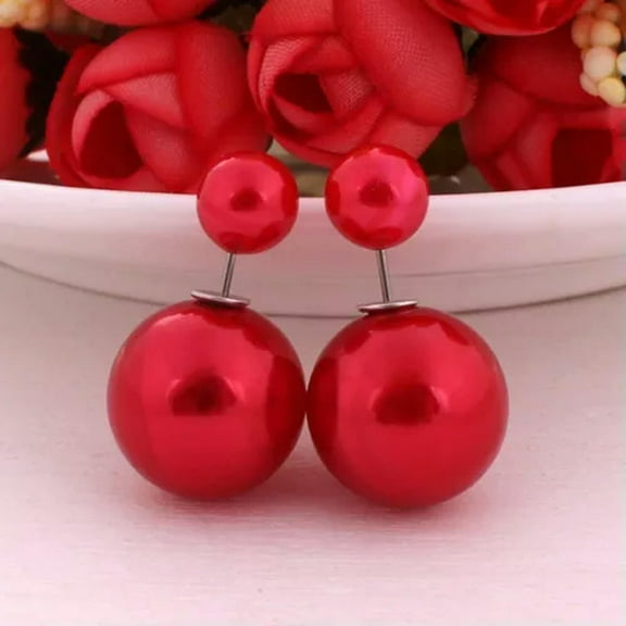EOEMY 5 Pair Fashion Pearl Double Side Two Ball Front And Back Post Earrings Ear Stud-B: Red