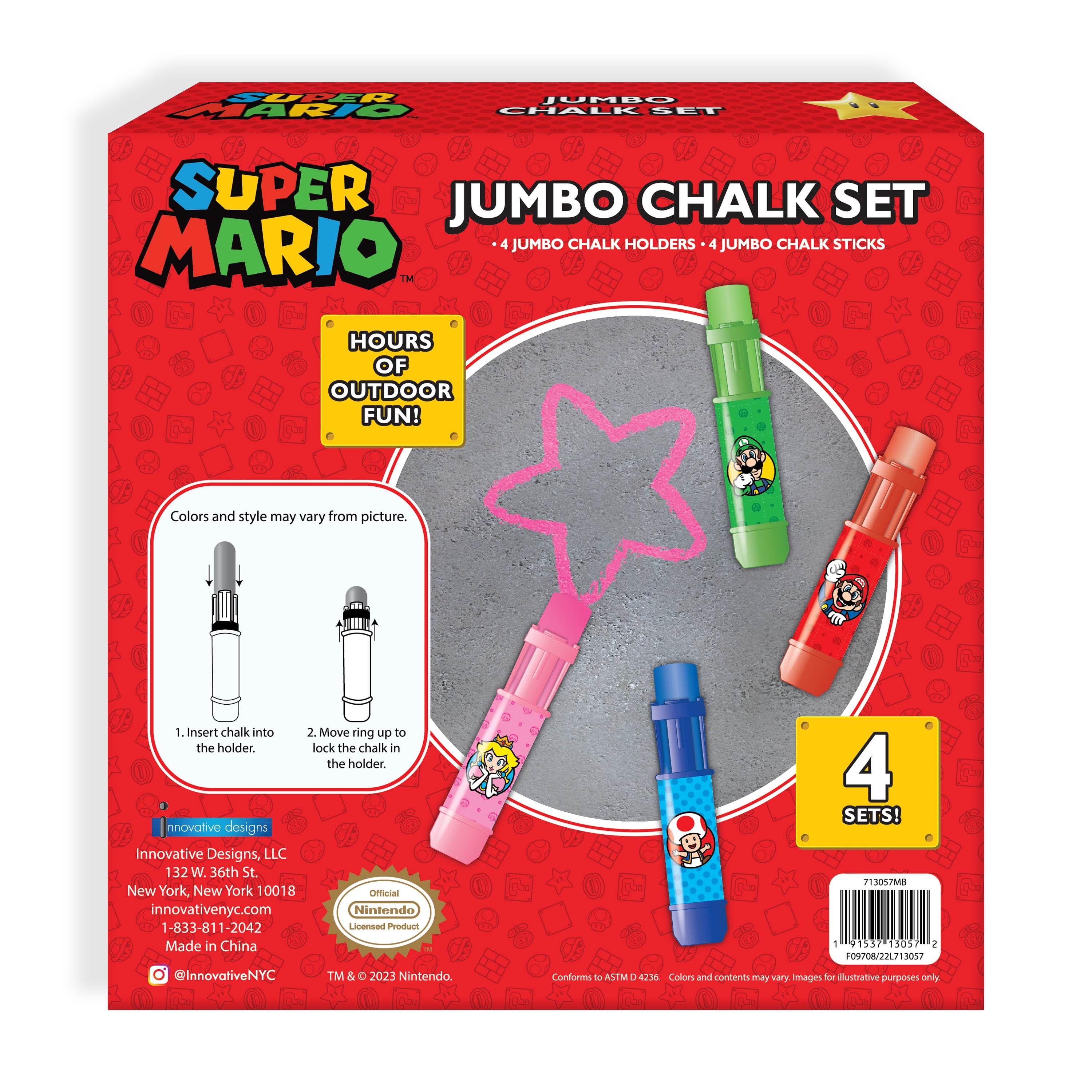 Nintendo Super Mario Bros. Jumbo Sidewalk Chalk Set with Holders, 4 Chalk Sticks