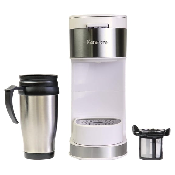 Single Serve Coffee Maker & Stainless Steel Travel Mug, Capsule/Pod & Ground Coffee Brewing, K Cup Compatible, Hot & Iced Coffee Machine, 6 to 14 Oz Brew Sizes, Auto Shut-Off, White