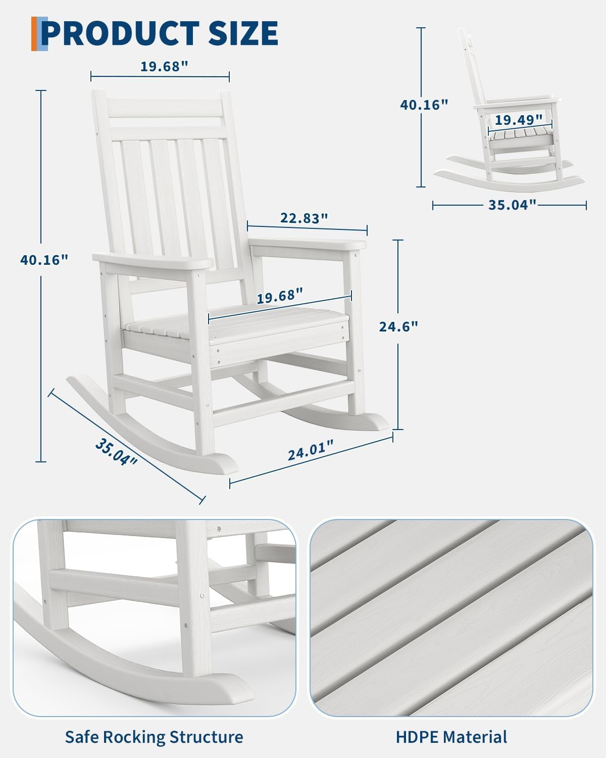 Rocking Adirondack Chair Outdoor, HDPE High Back Porch Rocker Chairs for Adults, All Weather Resistant Furniture for Patio, White