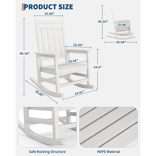 EastVita 1PC Rocking Chair Outdoor, High Back Porch Rocker for Adults, All-Weather Resistant Patio Furniture, White