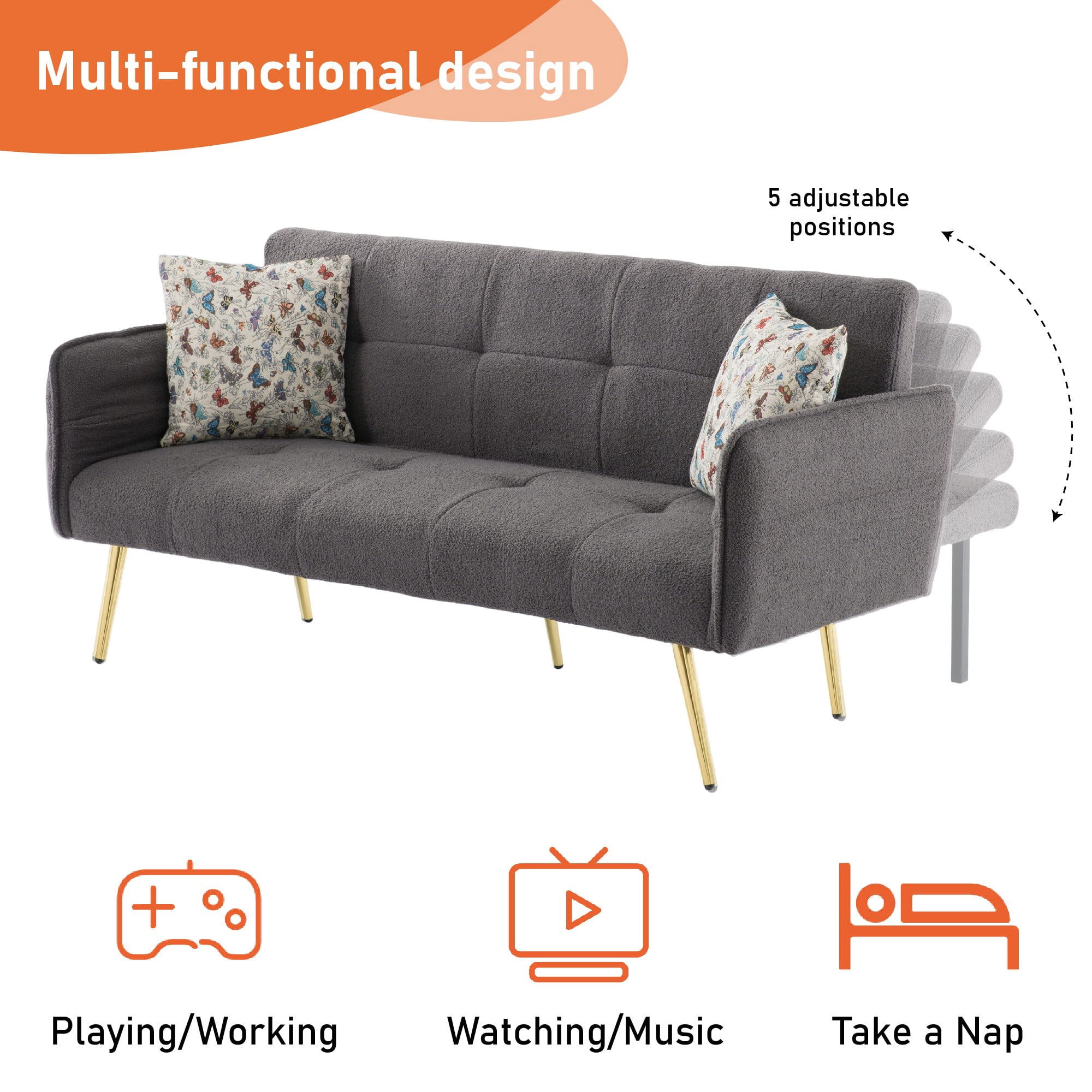 BSHTI 67.72" Teddy Fabric Convertible Futon Sofa Bed with 5-Position Adjustable Backrest & Armrest, Gold Metal Legs, Tufted Design, 2 Jacquard Pillows