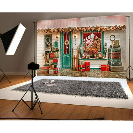 Santa Claus Portrait GreenDecor Polyster 7x5ft Photography Background Christmans Decorations Santa Claus Presents Collections Gifts Window Suitcase Garland Hanings Front Door Scene Backdrops Portrait Shooting Video Studio ()