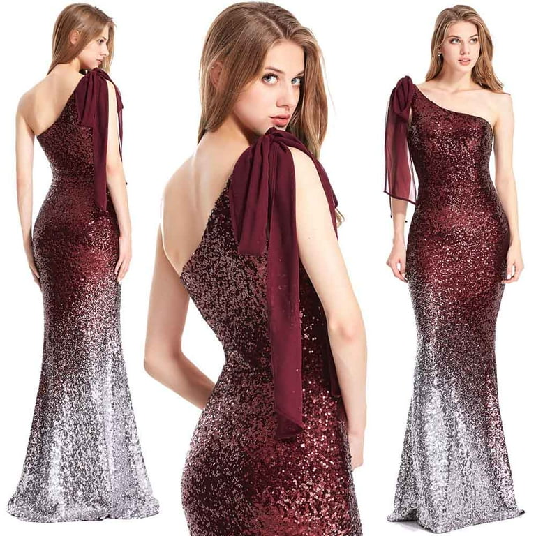 Angel-fashions Women's Asymmetric Ribbon Gradual Sequin Mermaid Prom Dress  Vintage Elegant Formal Bodycon Dresses Evening Party Tube Top Prom Gown  Wedding Bridesmaid Guest Maxi Skirt Wine Red Large
