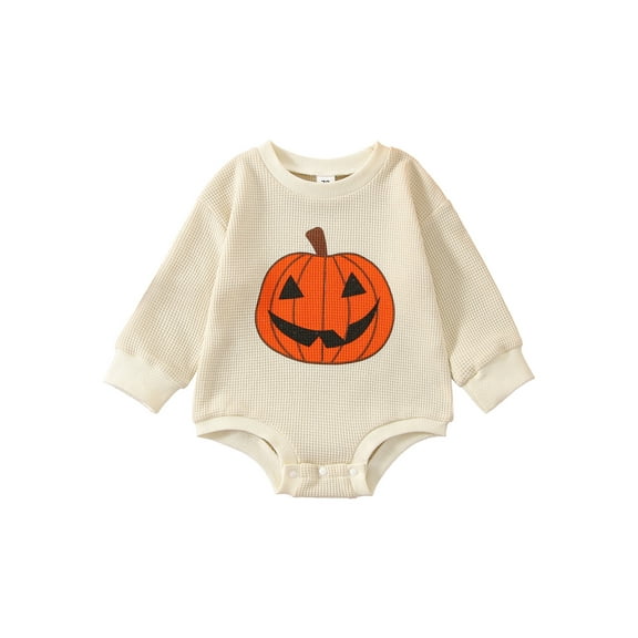 Infant Baby Girls Boys Halloween Romper Newborn Long Sleeve Big Pumpkin Print Knit Bodysuit Halloween Jumpsuit One Piece Jumpsuit Costume 0-24M
