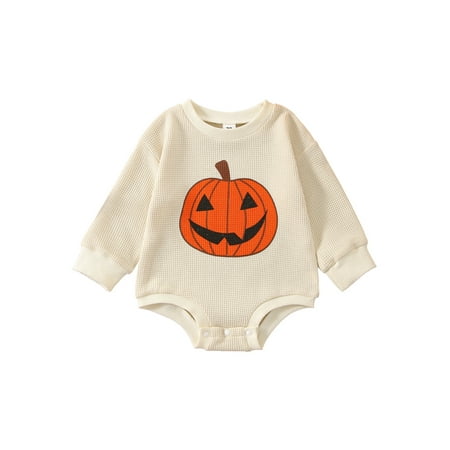 

Amuver Newborn Baby Halloween Romper Long Sleeve Pumpkin Print Waffle Knit Bodysuit Fall Clothes