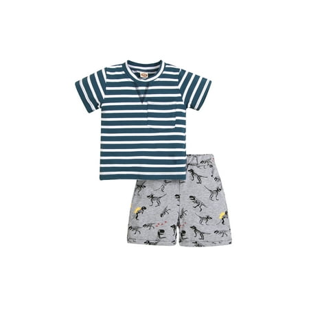 

LSFYSZD 2Pcs Toddlers Leisure Style Outfit Little Baby Boys Round Collar Short Sleeve Striped Tops + Cartoon Dinosaur Printing Shorts