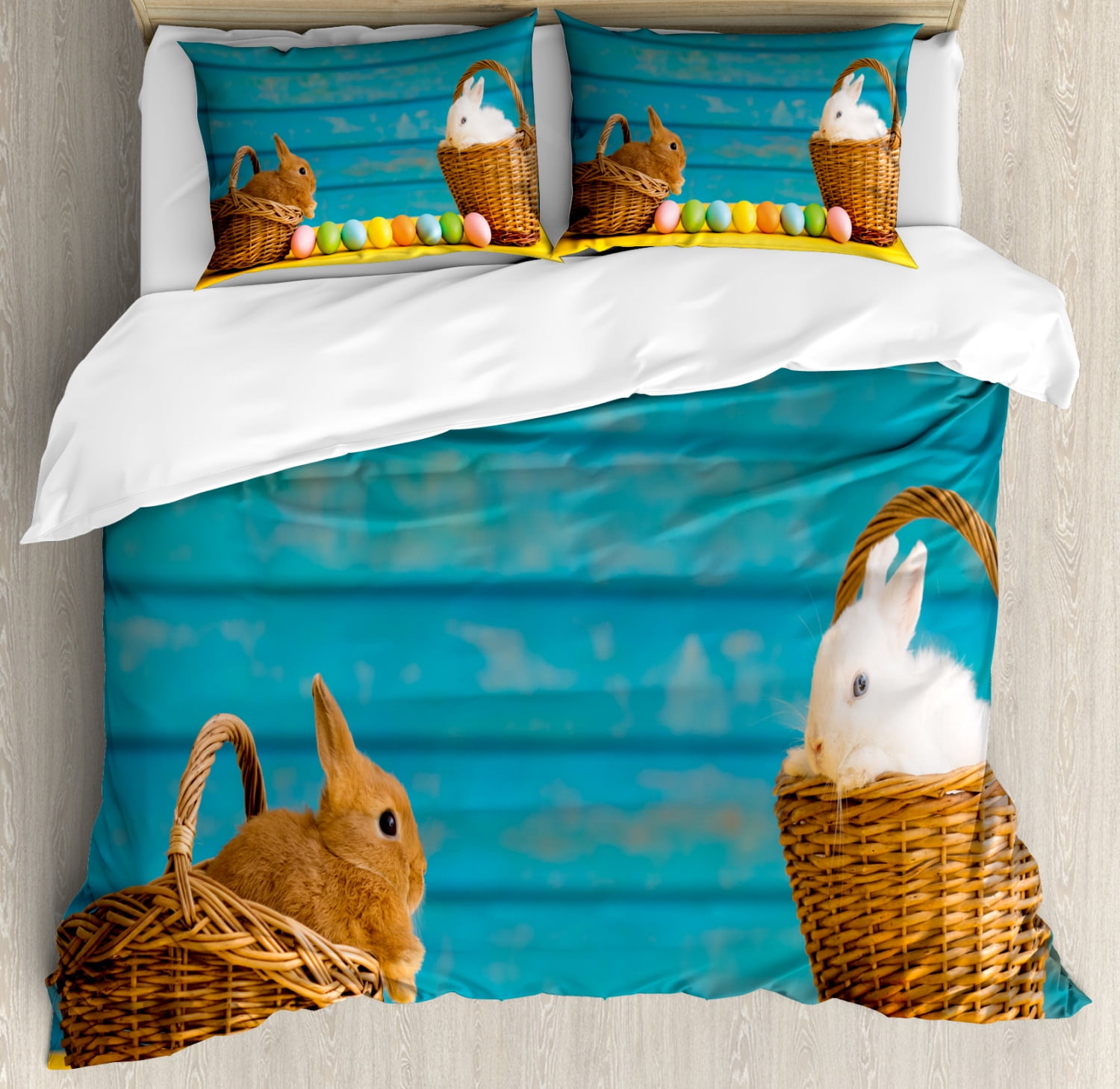 Easter Bunny Duvet Cover Set King Size, Two Cute Easter Rabbits with