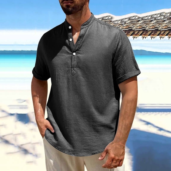 BRGZLK Men's Cotton Linen Shirt Summer Henley Fashion Solid Color Casual Breathable Half Button-Down Stand Collar Short Sleeve Shirt Top Black XXL