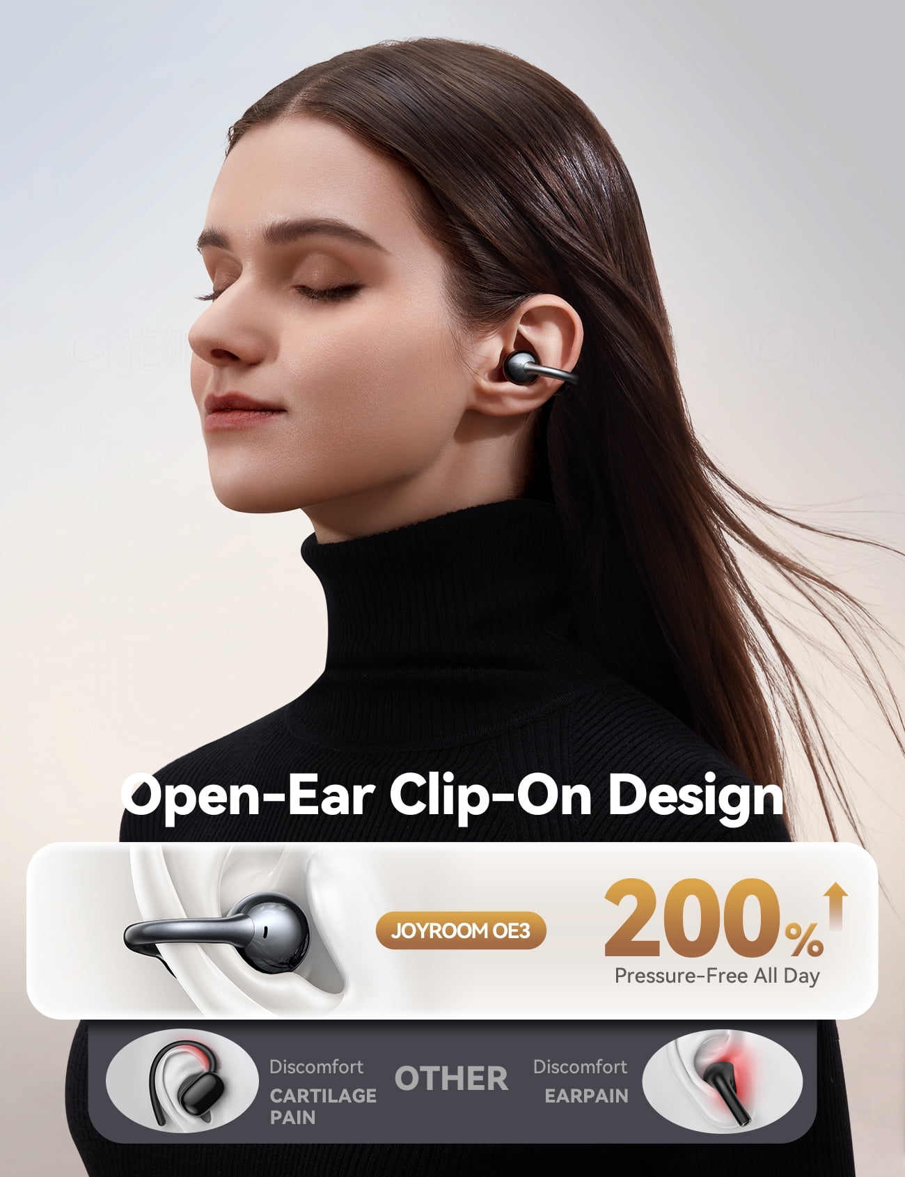 JOYROOM OE3 Open Ear Wireless Earbuds, Ultra-Lightweight Comfortable Clip-on Earbuds, Bluetooth 5.4 Headphones with Full Surface Touch Control, Bass Sound, IPX4 Waterproof Fit for Workout and Daily
