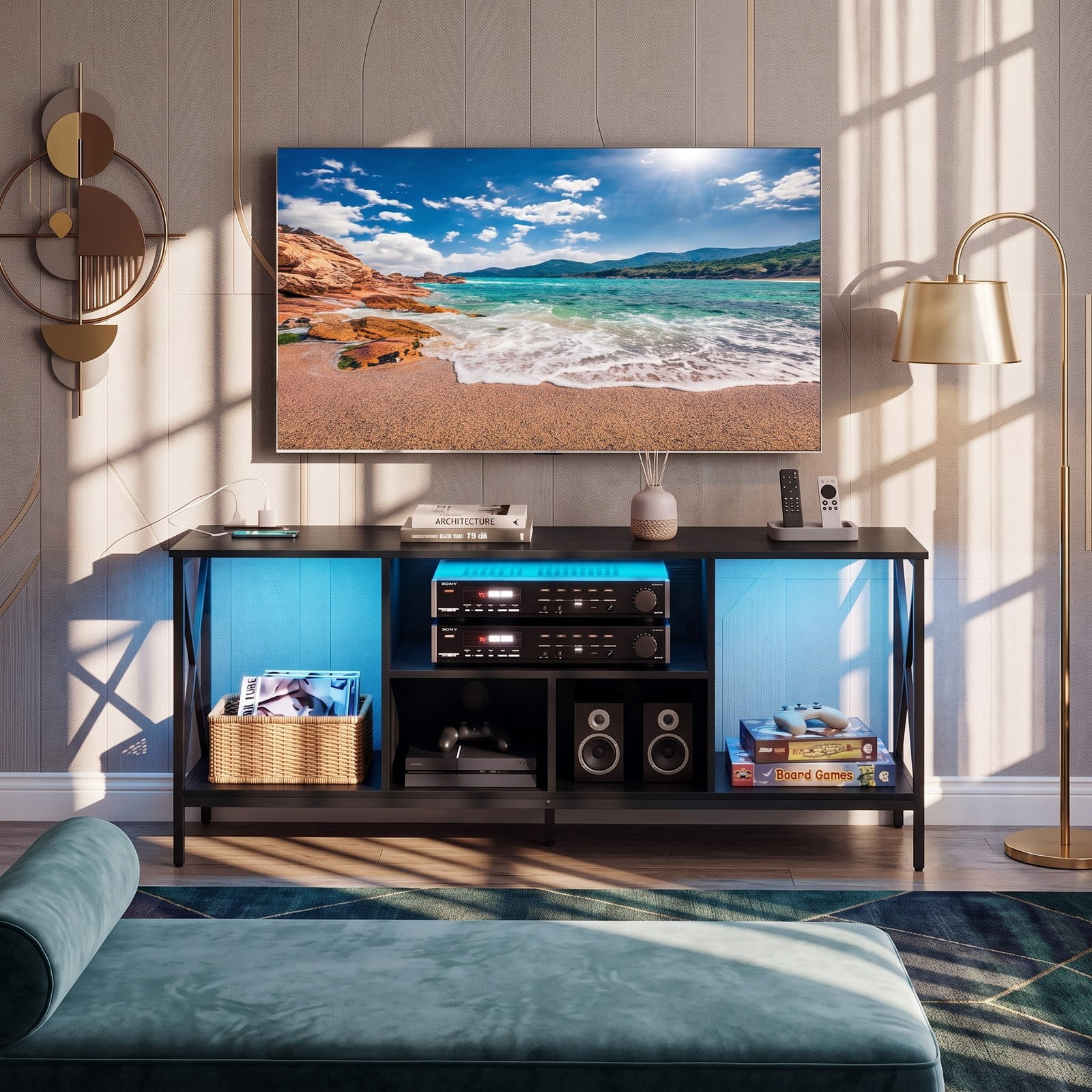 Furnibear LED TV Stand for 65 Inch TV, Entertainment Center with Power Outlets and USB Charging, Modern Media Console with 5 Open Shelves and X-Frame for Living, Black