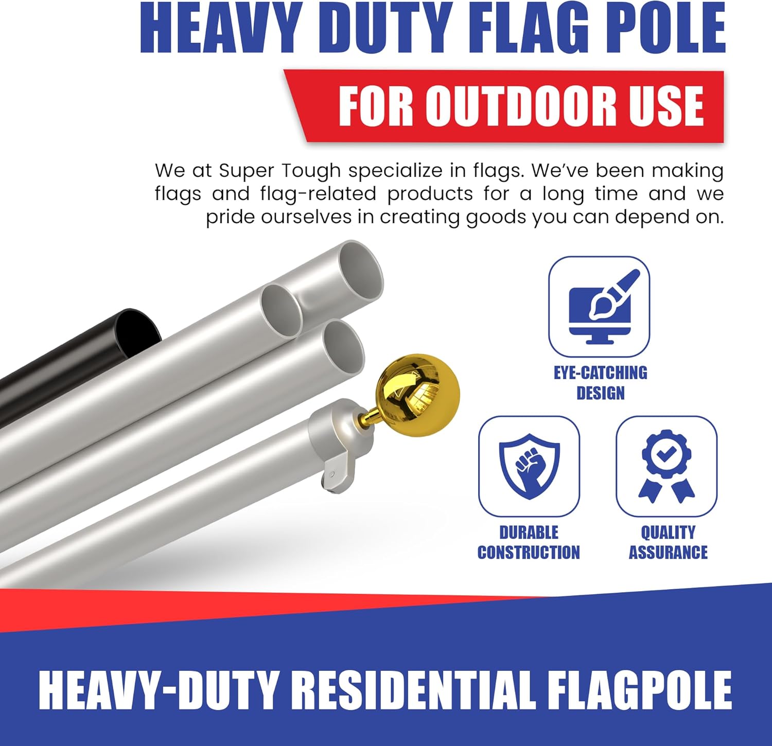 Super Tough USA-Made 25ft Heavy Duty Flag Pole for Outside House - Clear Anodized - Residential In-Ground Flagpole - 4-Section High-Grade Aluminum - Includes All Accessories