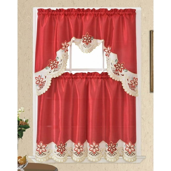 Plume D' Home 3pc Kitchen Curtain Set 2 panels 36"L × 30"W   1 Valance 36" × 30" (Poinsettia White)