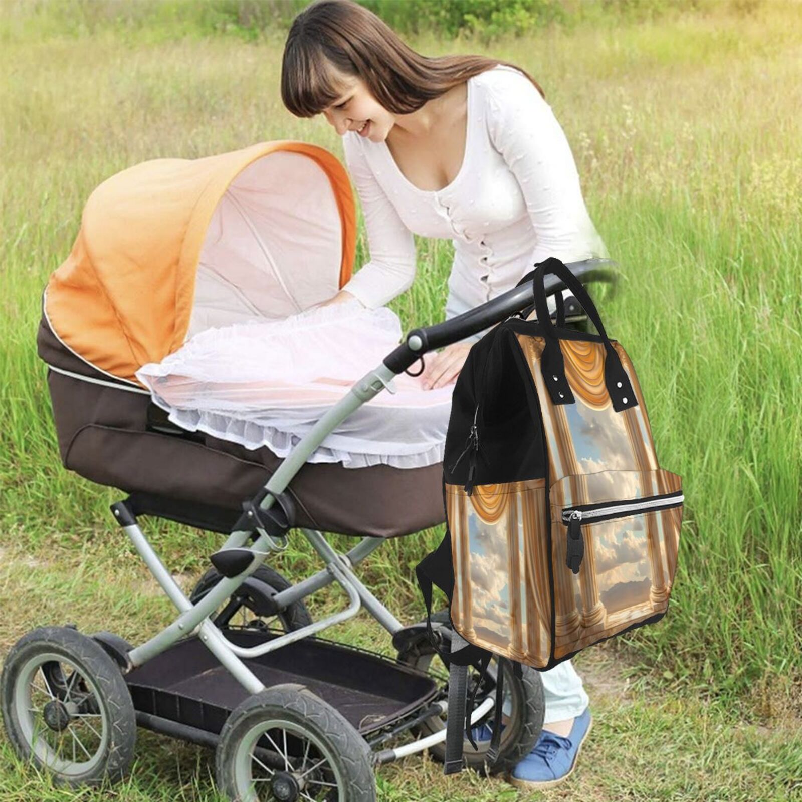 Fuzoiu Golden Drapes Pillars Clouds Print Diaper Bag Backpack,Baby Essentials Travel Tote,Multi function Waterproof Diaper Bag, Travel Essentials Baby Bag - Unisex