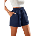 thumbnail image 2 of Linen Shorts for Women Summer Casual High Waisted Wide Leg Drawstring Beach Loose Shorts Comfy Fashion Outfits Dark Blue S, 2 of 7
