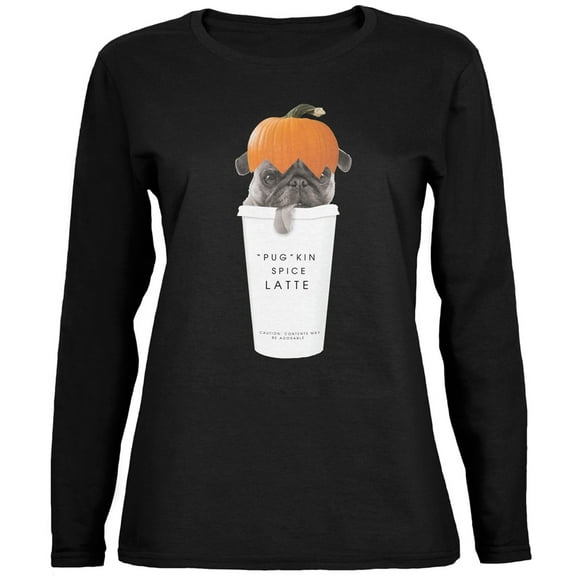 Pug Pugkin Spice Latte Black Womens Long Sleeve T-Shirt - X-Large