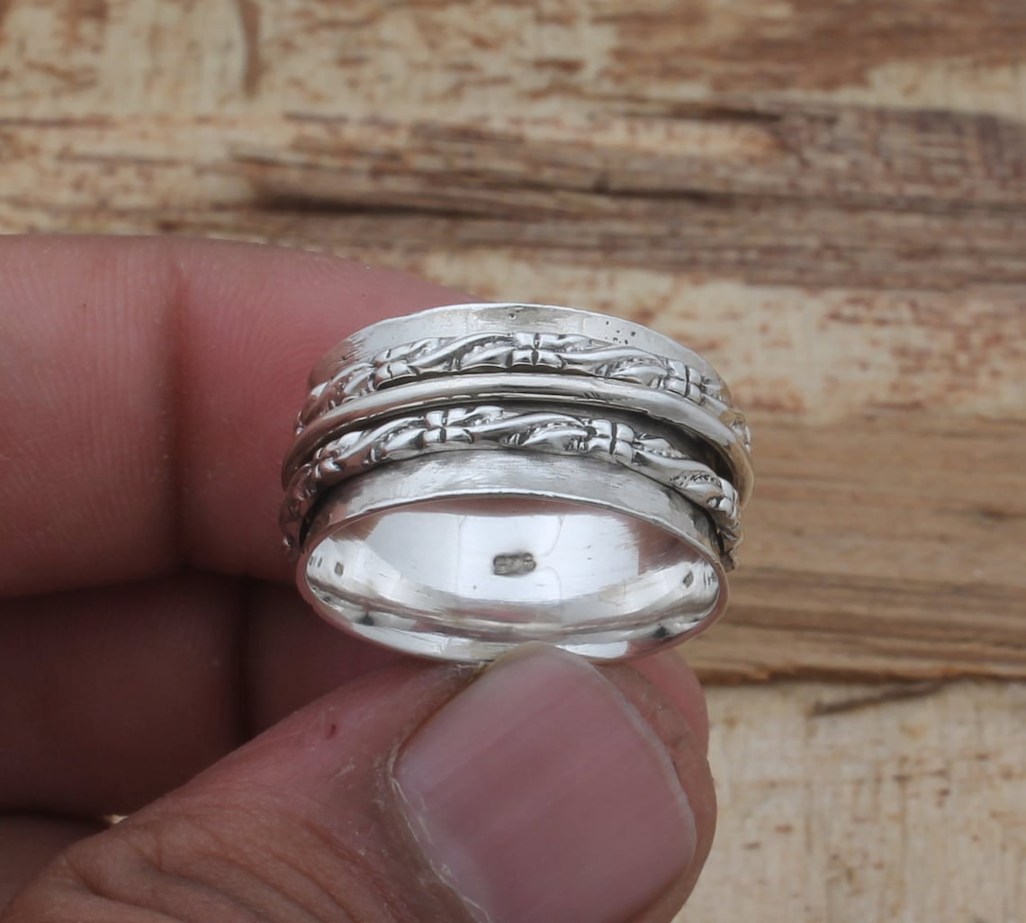 SS DESIGNS- Boho Designer Fidget Spinner Ring – Handmade 925 Anxiety Ring for Men & Women, Stress Relief Meditation Band, Unique Mother’s Day