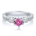 thumbnail image 2 of Gem Stone King 925 Sterling Silver Round Pink Created Sapphire and Moissanite 3-Stone Women Ring (0.75 Cttw, Size 6), 2 of 2