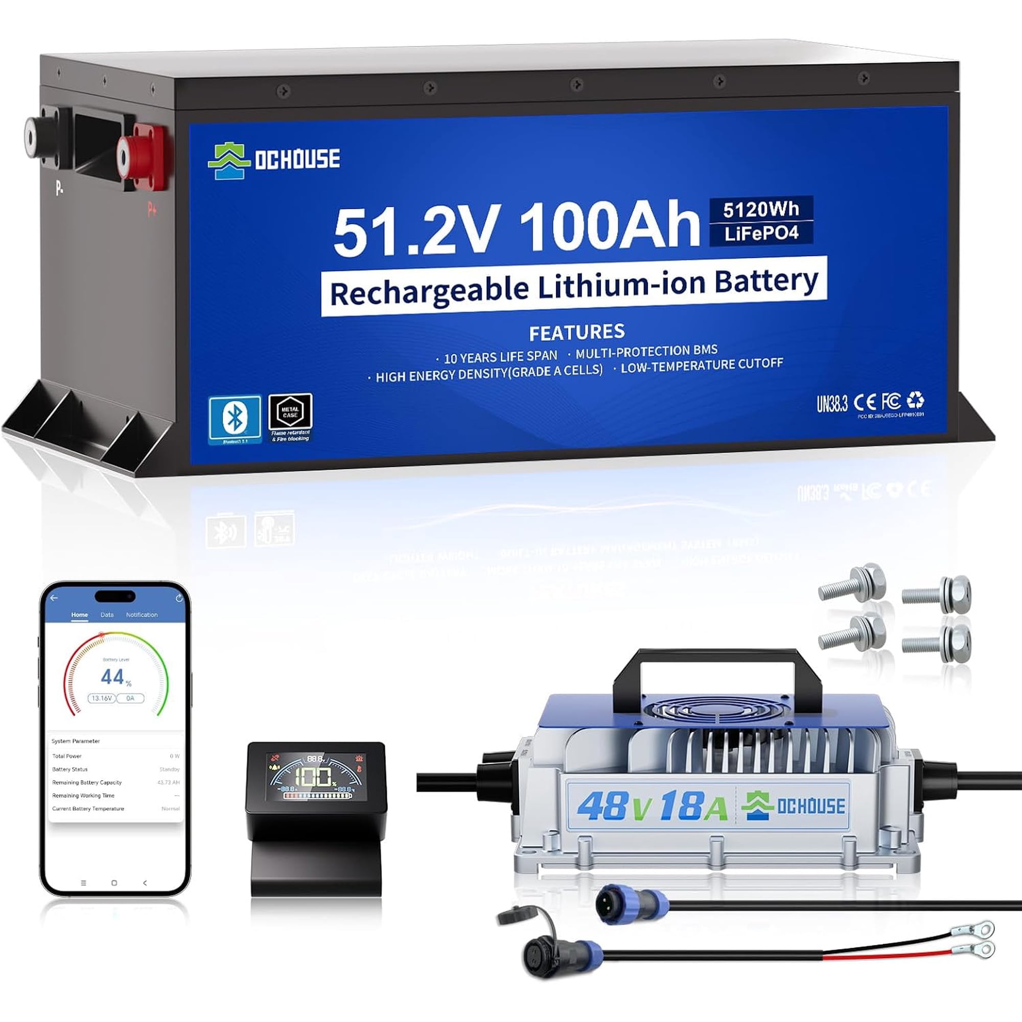 DC HOUSE Metal Case 48V 100Ah Pro Lithium Golf Cart Battery, 200A BMS Lifepo4 Battery with 48V 18A Charger, Bluetooth Mobile APP & LCD Monitor, Peak Current 670A