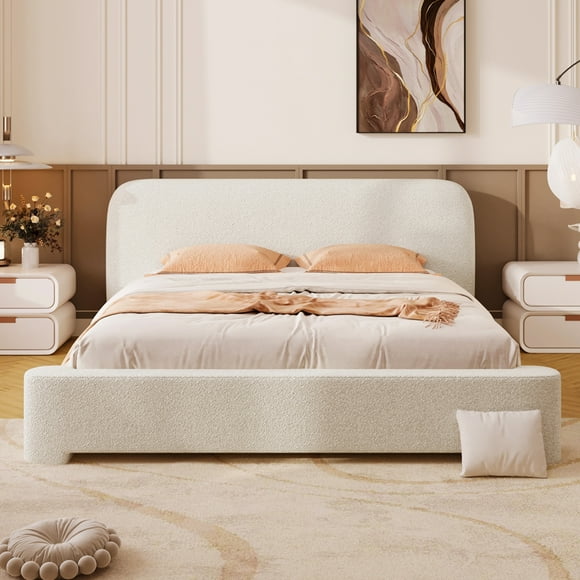 Esme Minimalist Queen Size Boucle Upholstered Bed, Platform Bed with Solid Wood Frame, White