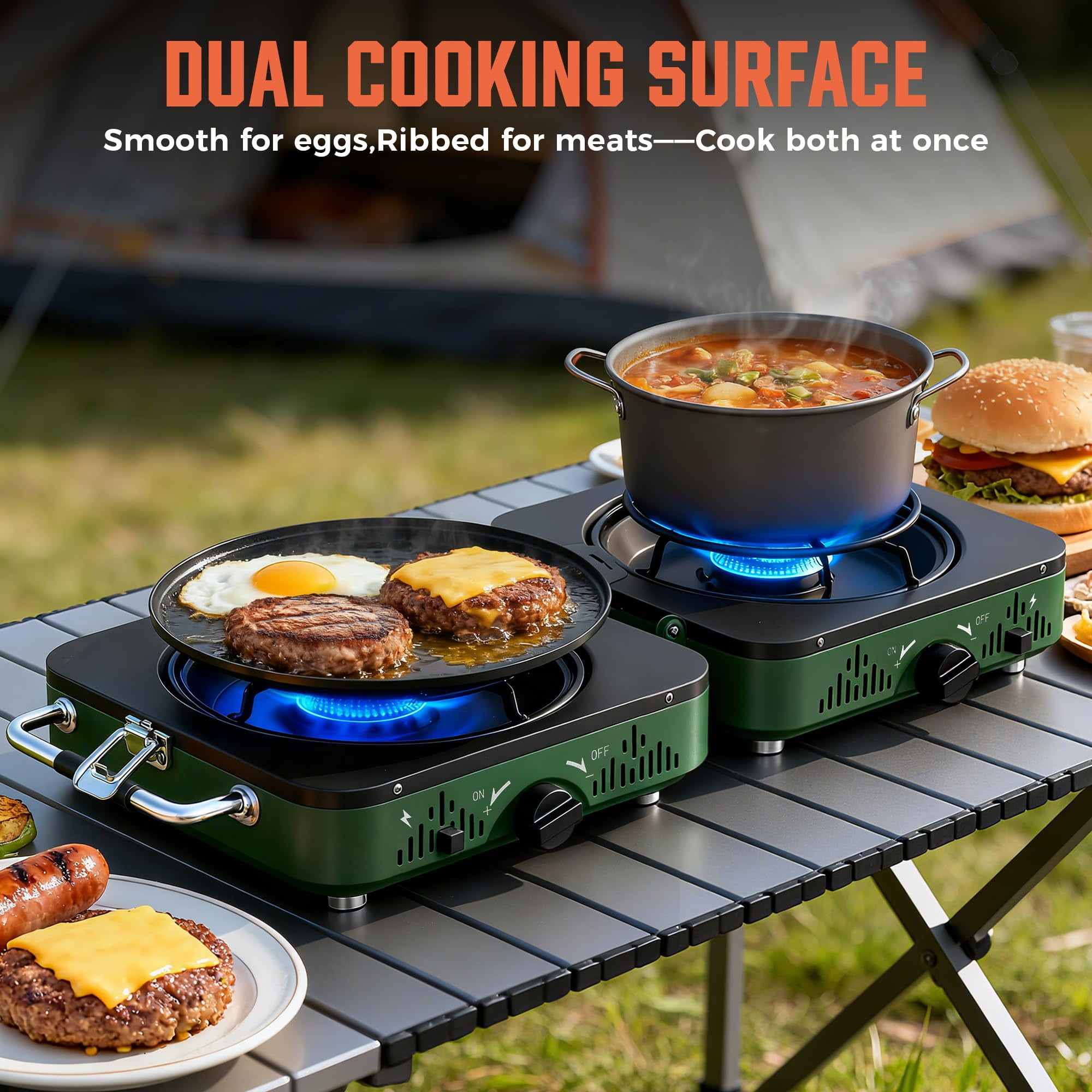 BIG HORN OUTDOORS Portable Propane Camping Stove, 2 Burner Foldable Gas Stove with Frying Pan & Carry Bag