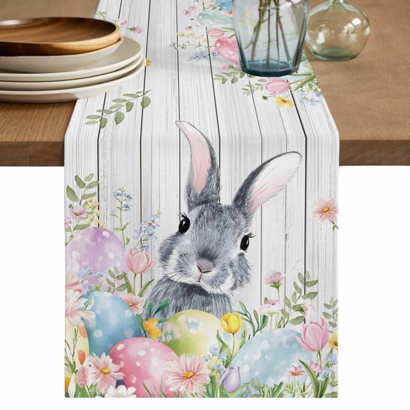 Table Runner - 36 Inch Long, Easter Kitchen Dining Table Runner Dresser Scarves, Spring Bunny Colorful Eggs Plants Wooden Grain Farmhouse Decor for Coffee Tables Wedding Party Banquet