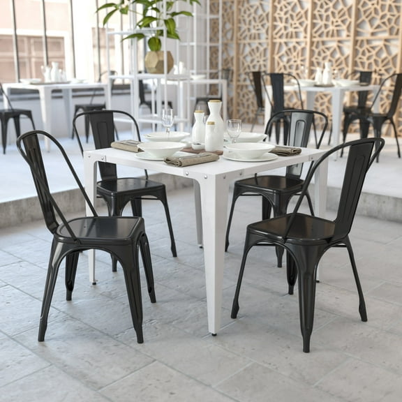 Emma   Oliver 4 Pack Black Metal Indoor-Outdoor Stackable Chair - Restaurant Chair - Bistro Chair