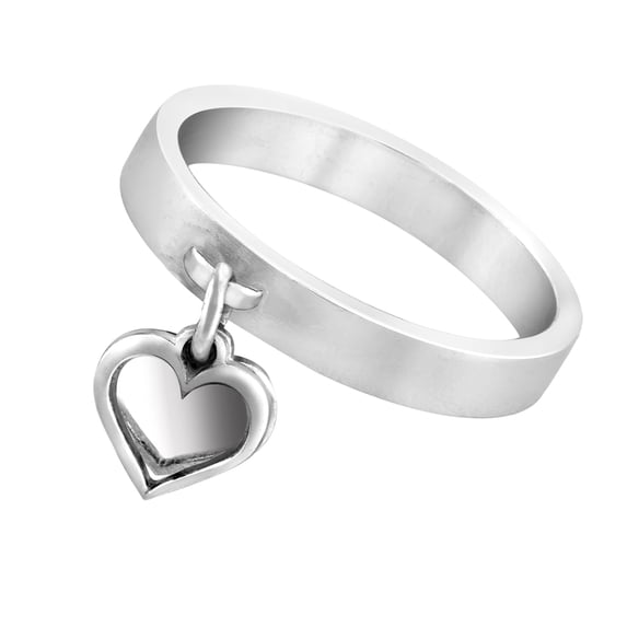 Loving Pair of Dangle Heart Charms Sterling Silver Band Ring - 7