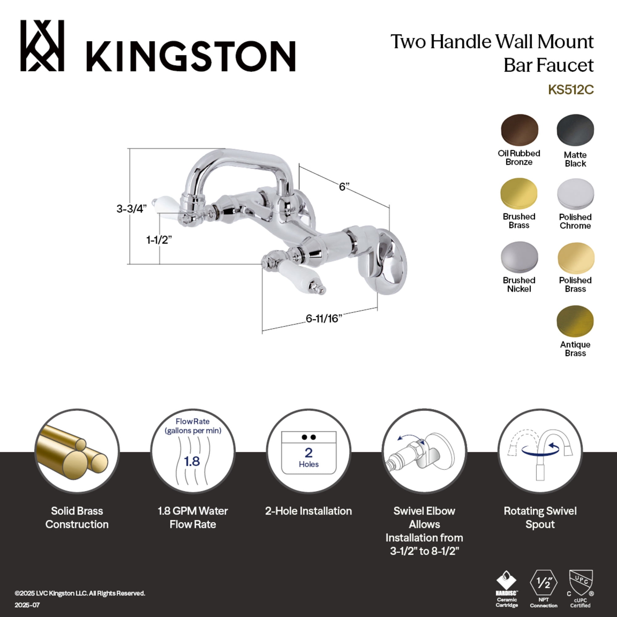 Kingston Brass KS512MB Kingston Two-Handle 2-Hole Wall Mount Bar Faucet in Matte Black