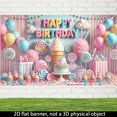 thumbnail image 2 of Candy Paradise themed birthday banner, indoor and outdoor party decoration background cloth, 71x43 inches, birthday wall flag hanging, ice cream lollipop and marshmallow balloon design, suitable for, 2 of 5
