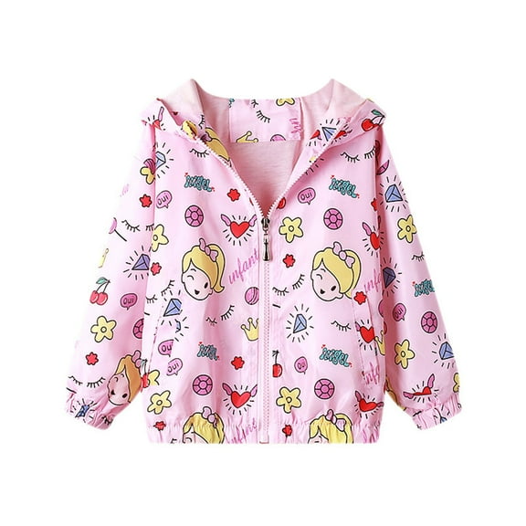 Zwiiyzr 3-9Y Toddler Girls Cute Cartoon Jackets Spring Zip Up Kids Lightweight Hooded Windbreaker Jacket Outerwear with Hood Pink