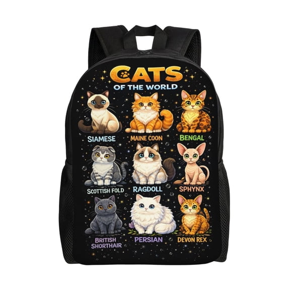 Cute Cat Breeds Backpack Large Capacity Laptop Bag for Men and Women