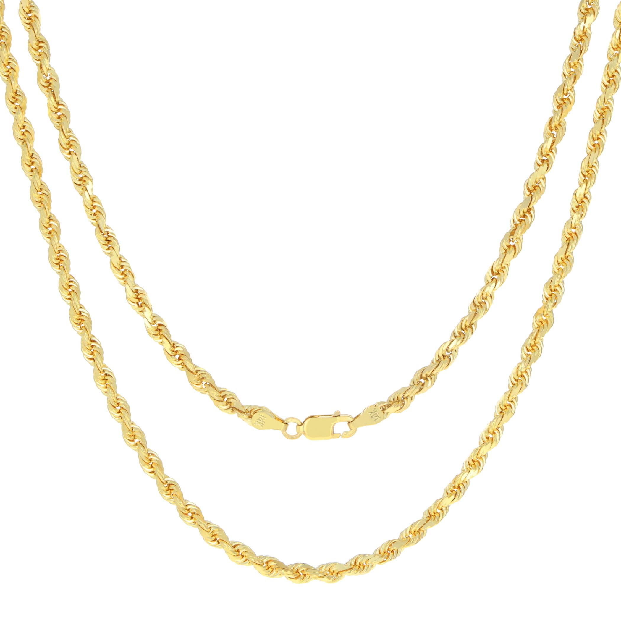 Nuragold 14k Real Yellow Gold 3mm Rope Chain Diamond Cut Necklace (16"-30") Italian Jewelry for Men & Women
