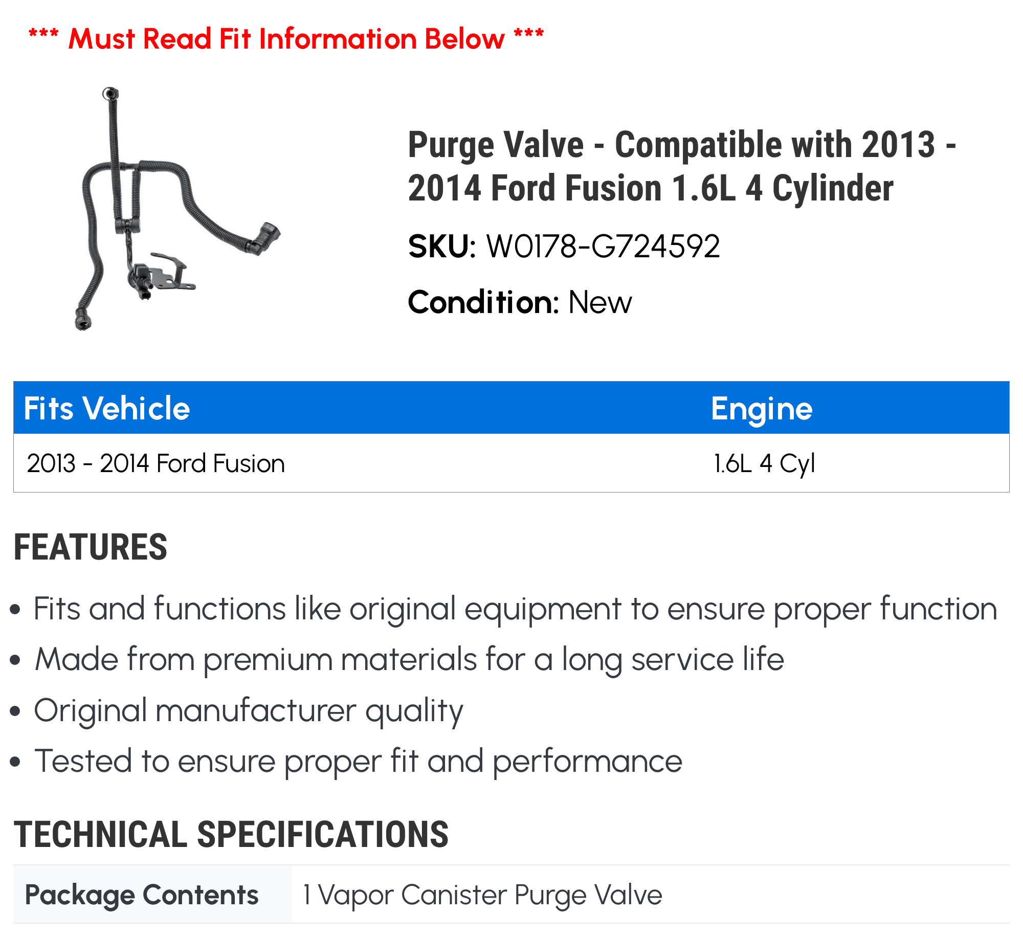 Purge Valve - Compatible with 2013 - 2014 Ford Fusion 1.6L 4 Cylinder