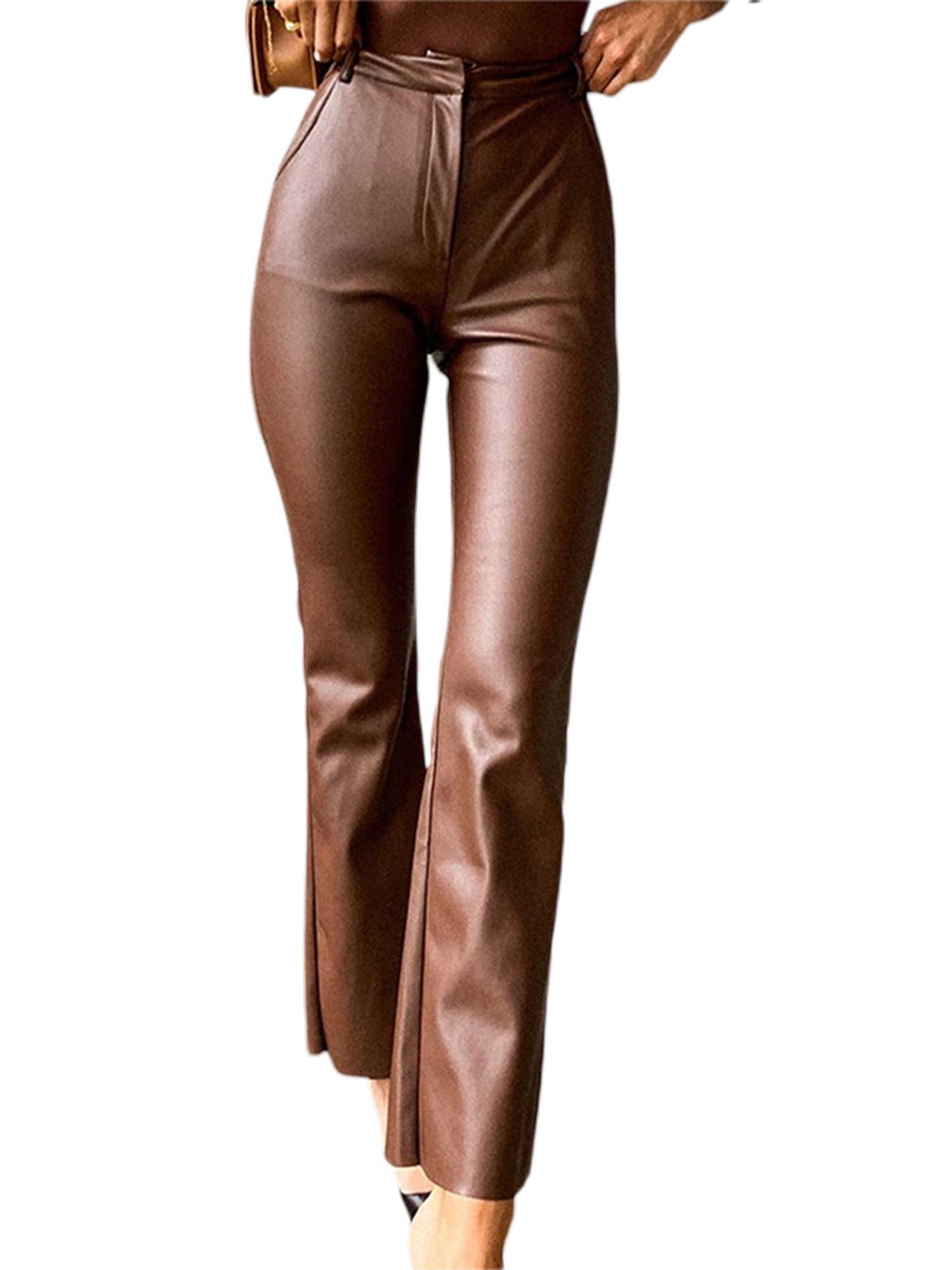 Women Faux Leather Pants Solid Color 