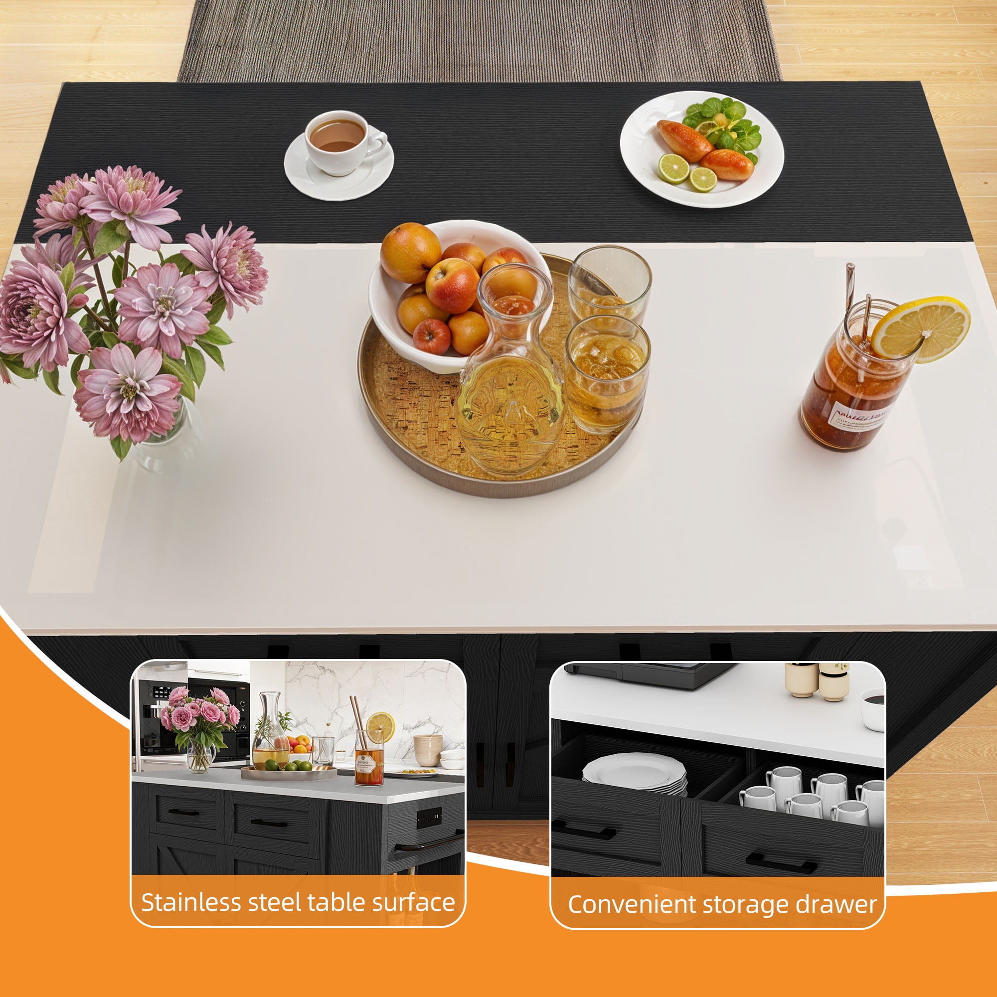 Craftian Kitchen Island Table with Storage & Power Outlet, Kitchen Island Cart with Drop Leaf, Black