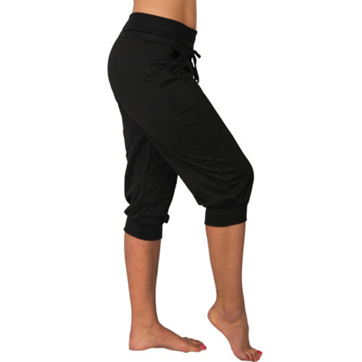 Langwyqu Women Drawstring Capri Yoga Pants Lounge Joggers Pants Knee-length  Trousers 
