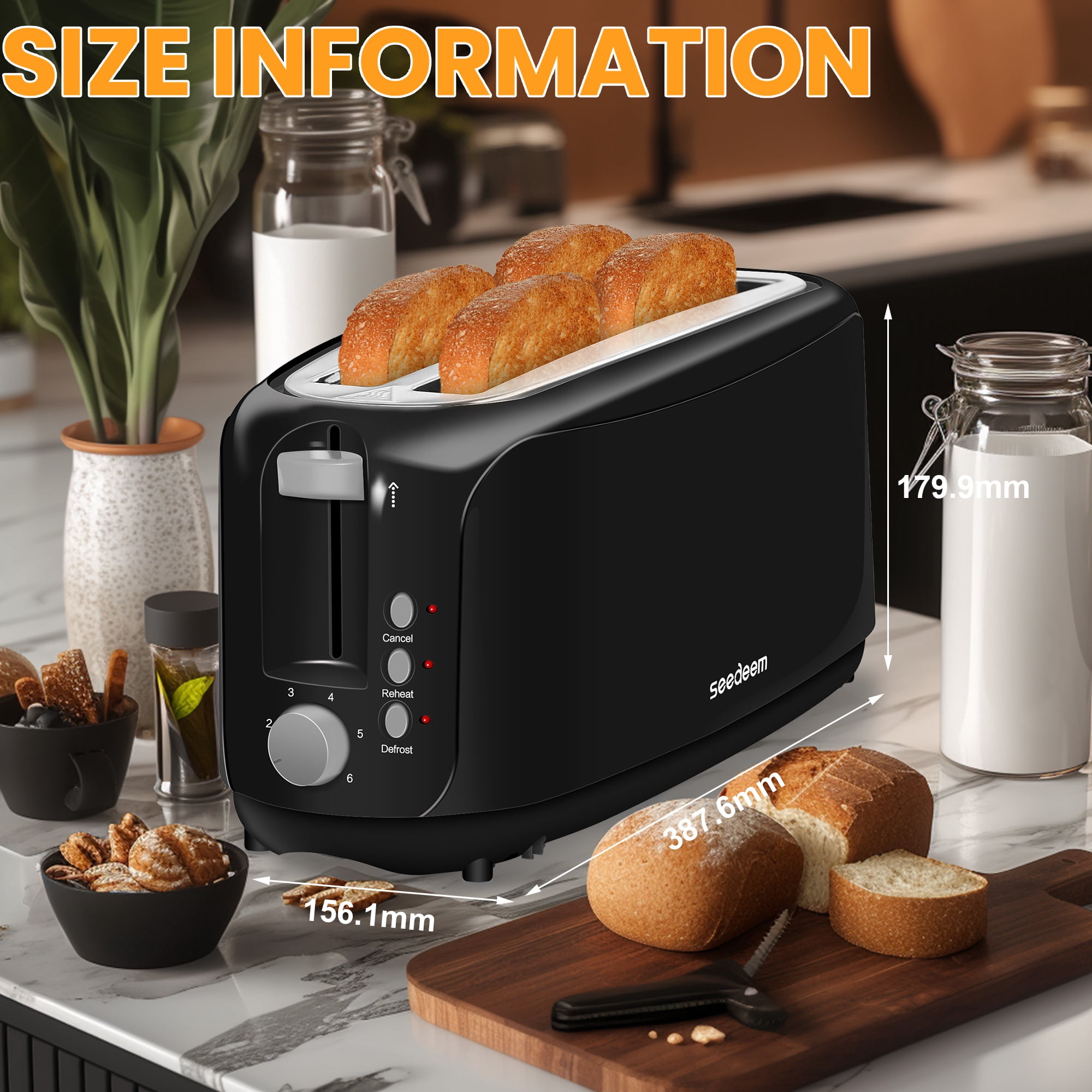 【Ultra-Slim Space-Saving】4-Slice Long Slot Toaster, Dual 10-Inch Slots, 6 Shade Settings with Cancel/Reheat/Defrost, Removable Crumb Tray, Easy to Store Vertically
