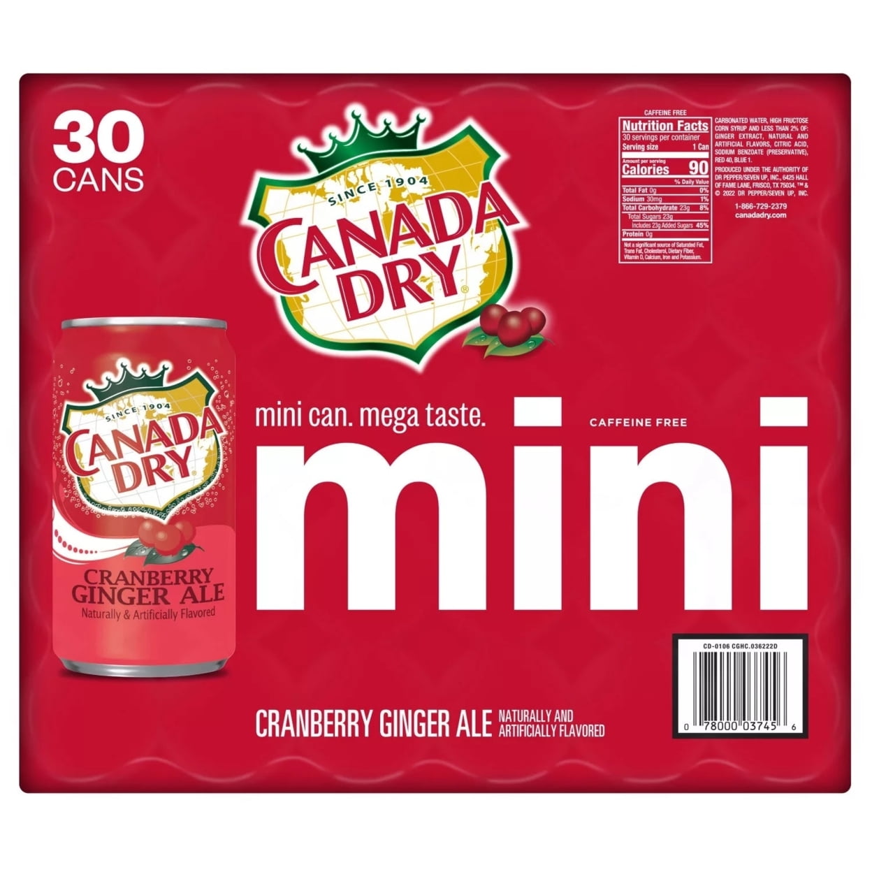 Canada Dry Cranberry Ginger Ale Soda Mini Cans, 7.5 Fluid Ounce (Pack of 30)