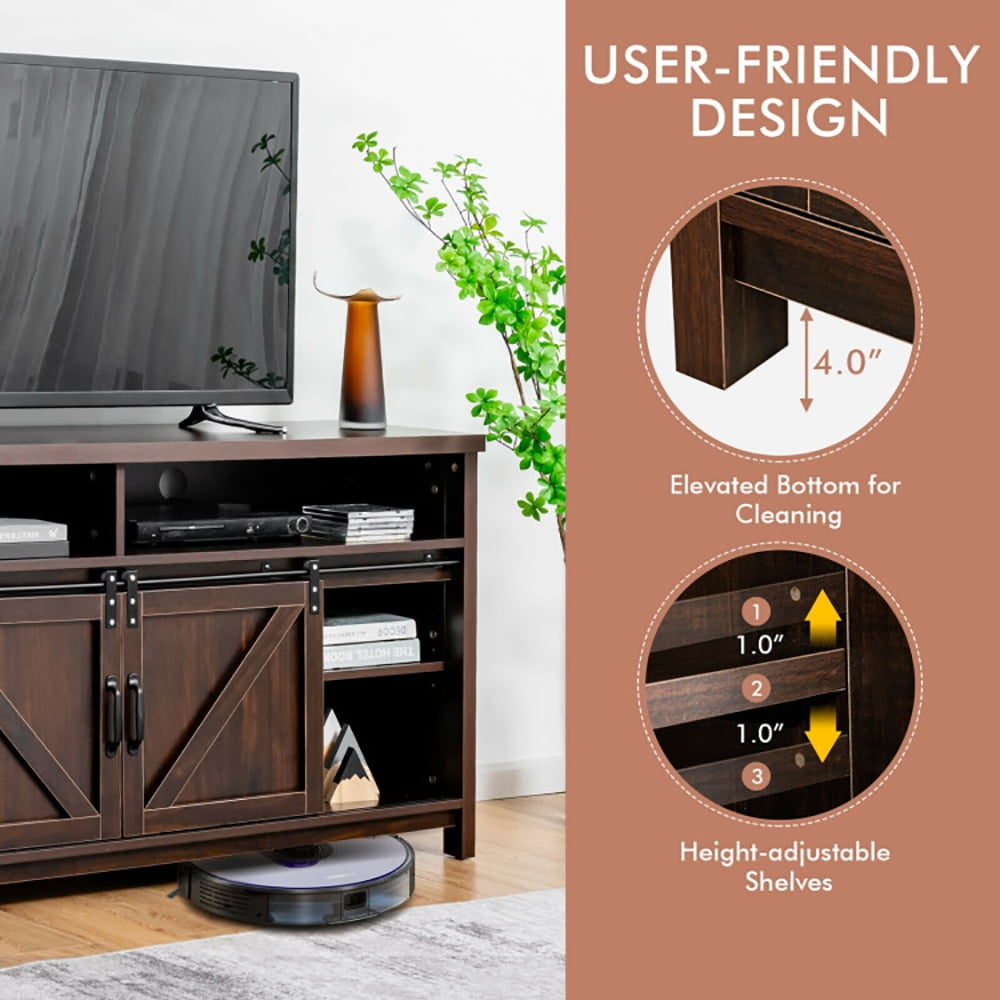 Finihen TV Stand, TV Cabinet, 59 Inch Sliding Barn Door TV Stand with Adjustable Shelves for TVs up to 65 Inch, for Living Room, Bedroom, Brown
