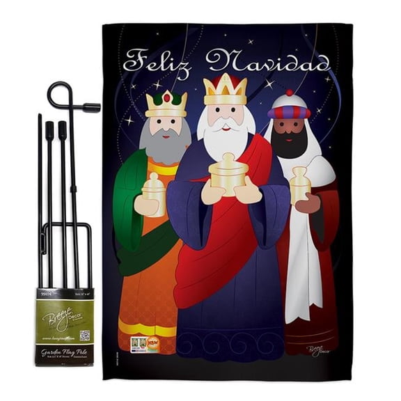 Breeze Decor BD-NT-GS-114081-IP-BO-D-IM10-BD 13 x 18.5 in. Feliz Navidad Winter Nativity Impressions Decorative Vertical Double Sided Garden Flag Set with Banner Pole Included