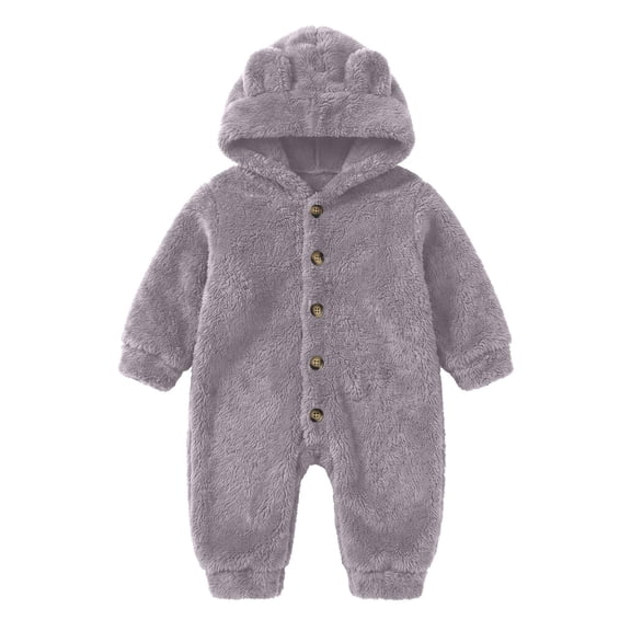 Annhoo Newborn Boys Girls Fleece Rompers Fall Winter Infant Long Sleeve Button Down Hooded Jumpsuits with Cute Ears